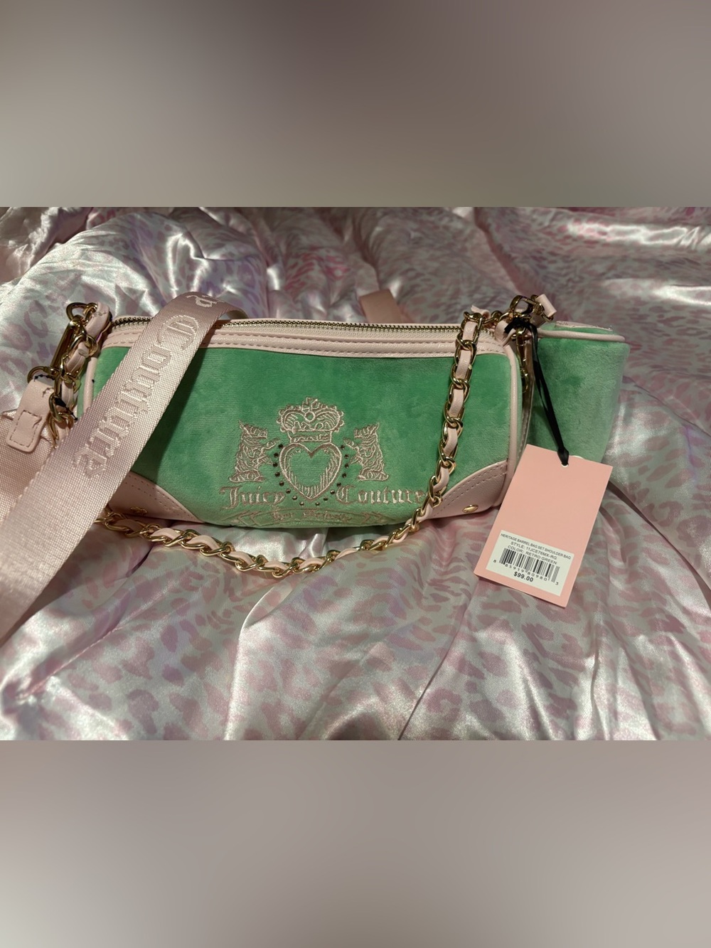 Juicy Couture Green Barrel Crossbody with Pink Trim & Gold Chain